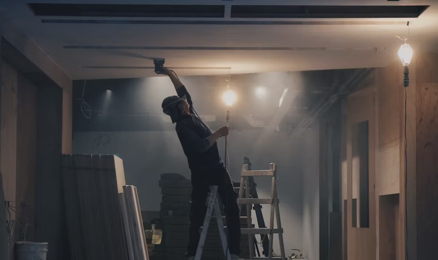 The craftsman at work on a ladder in dramatic, low evening light